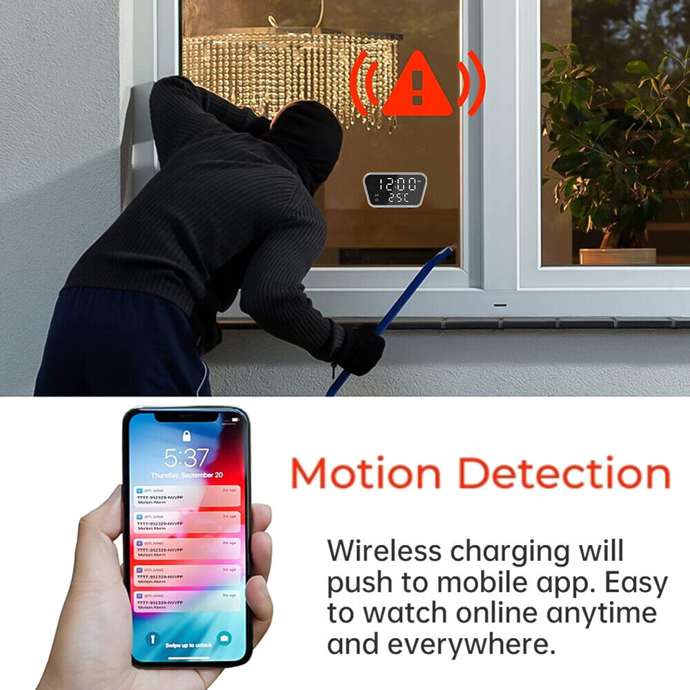 Burglar attempting to break into a house, unaware of the discreet monitoring by a Clock Charger SpyCam with iPhone & Android support, alerting on a smartphone.