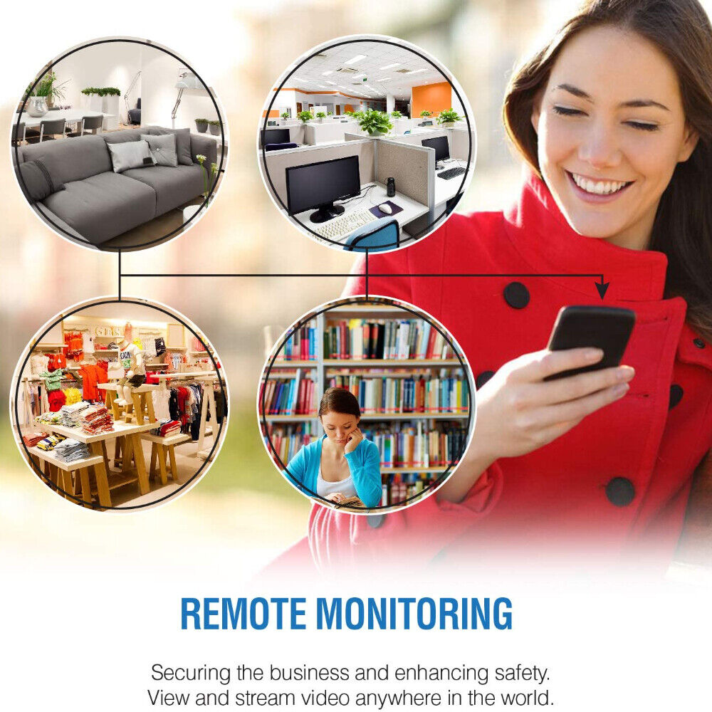 A woman uses her smartphone to view live feeds from the Bird Clock SpyCam placed in an office, retail store, and library. The text emphasizes remote monitoring with night vision and motion detection for 24/7 security.