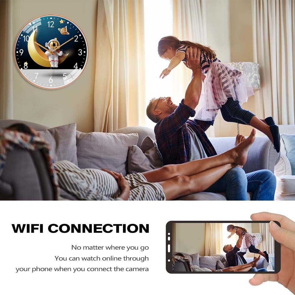 A man playfully lifts a child in a living room, and an Astronaut Moon Clock SpyCam adorns the wall. In the foreground, a phone showcases its live stream via WiFi connection.