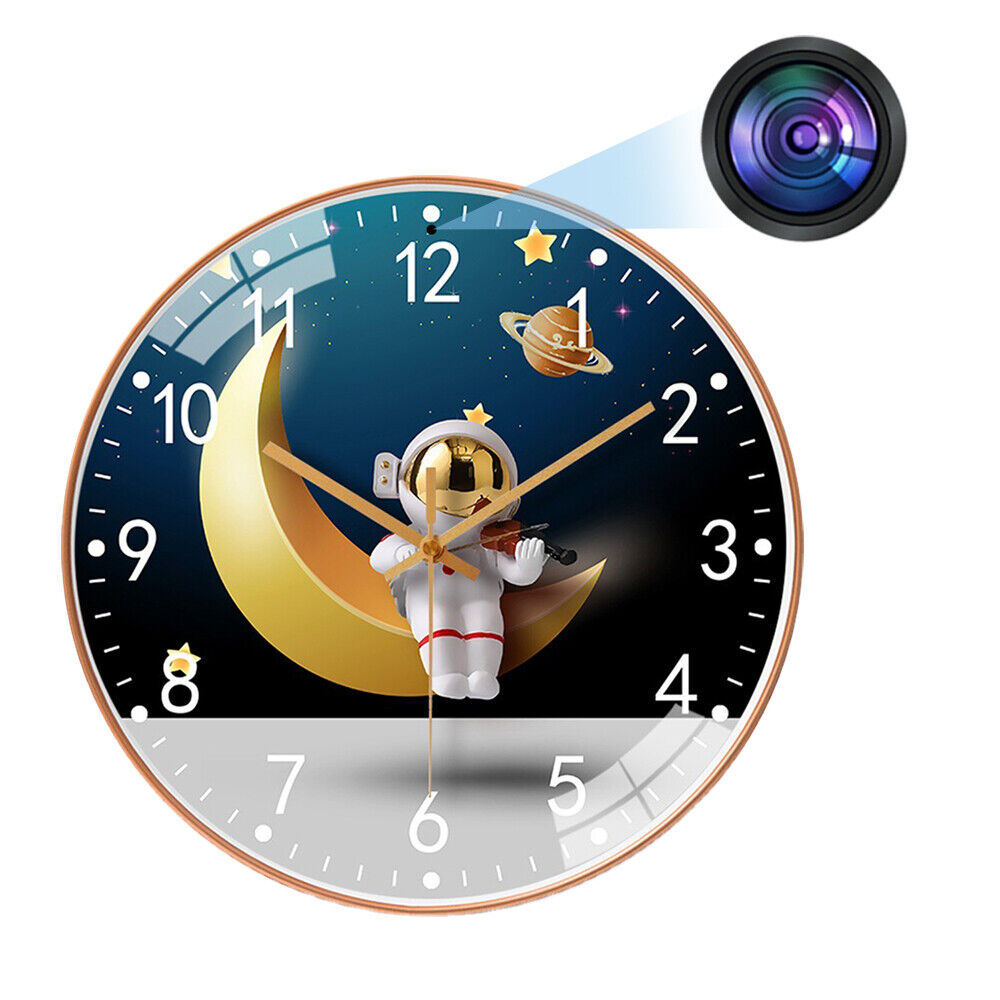 The Astronaut Moon Clock SpyCam features an astronaut on a crescent moon, complete with numbers and a hidden spy camera at the top right corner.