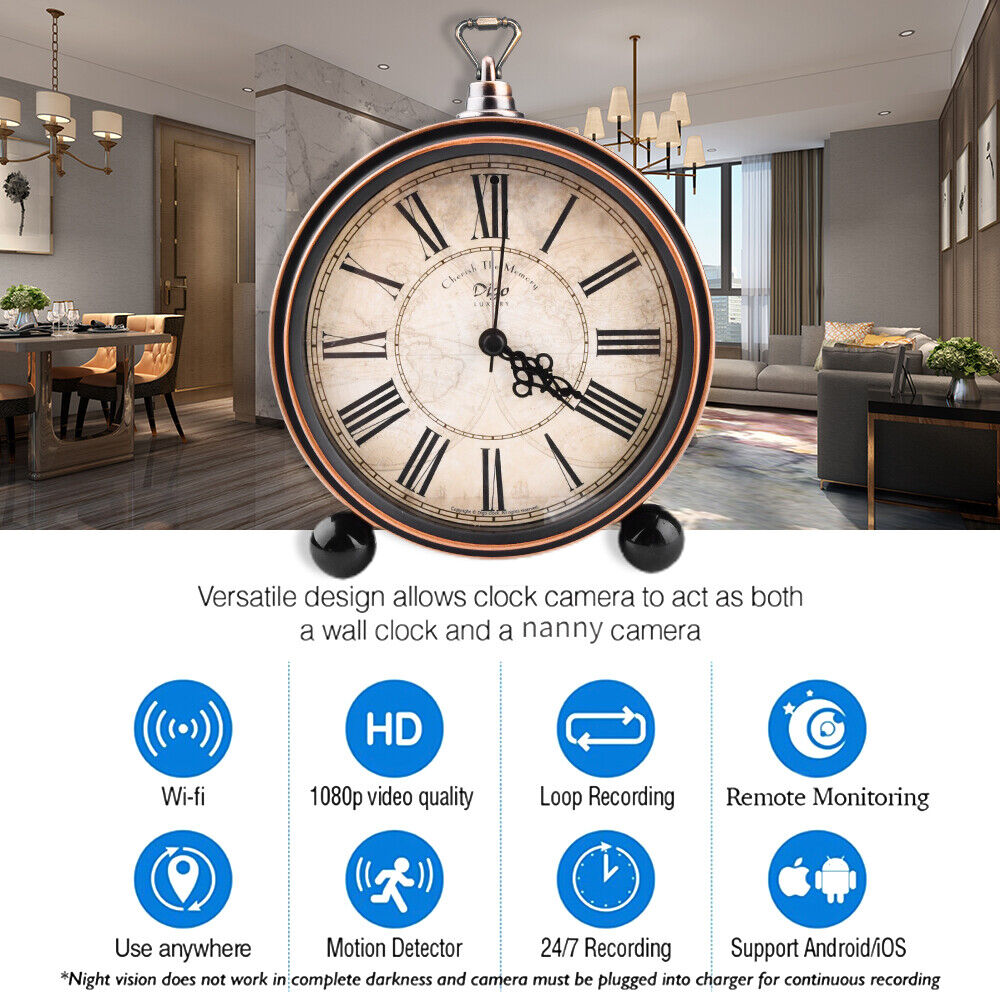 The Roman Numeral Clock SpyCam discreetly surveils your home, offering Wi-Fi, 1080p video, loop recording, remote monitoring, motion detection, and 24/7 recording. It effortlessly syncs with Android and iOS devices.