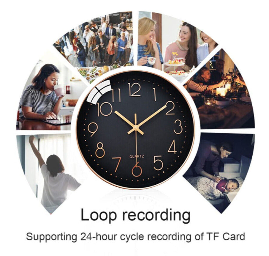 A black Wall Clock SpyCam with yellow hands and numbers is centered around six photos depicting daily activities. Text below reads, "Loop recording supporting 24-hour cycle recording of TF Card." The Wall Clock SpyCam offers HD 1080P video quality and motion detection for enhanced security.