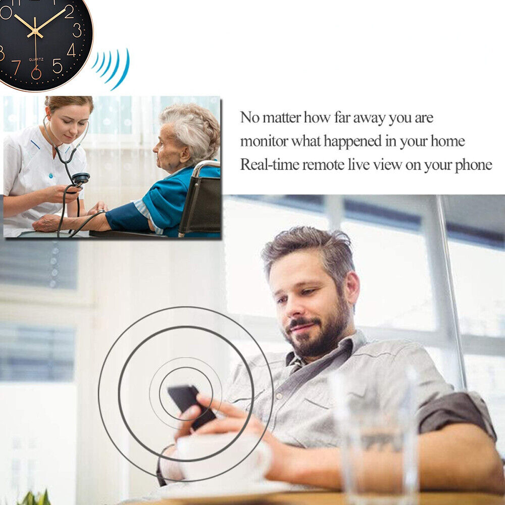 A man uses his phone while an inset shows a healthcare worker measuring an elderly woman's blood pressure. A clock with WiFi signals suggests remote monitoring on the phone. Text promotes real-time viewing and introduces Motion Detection through the HD 1080P Wall Clock SpyCam.