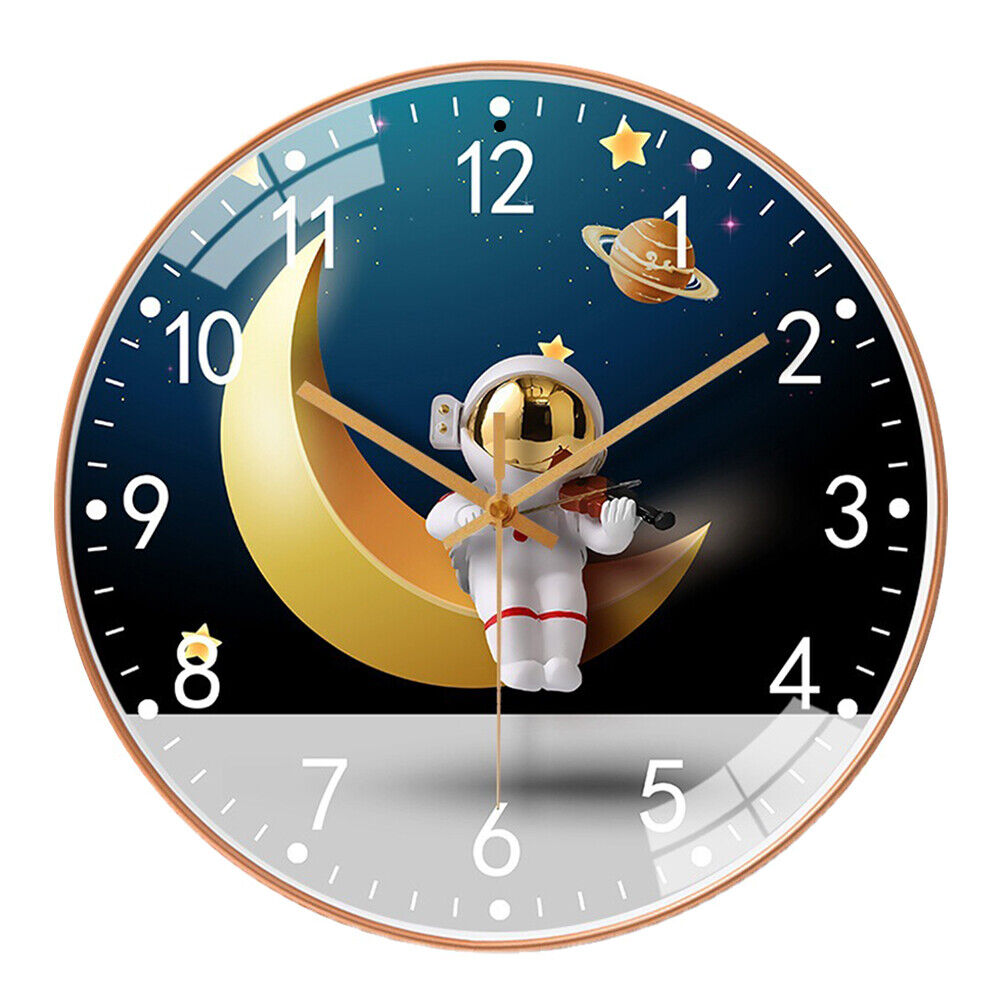 The Astronaut Moon Clock SpyCam features a whimsical scene with an astronaut violinist on a crescent moon, surrounded by stars and a distant planet, offering an enchanting celestial ambiance for space enthusiasts.