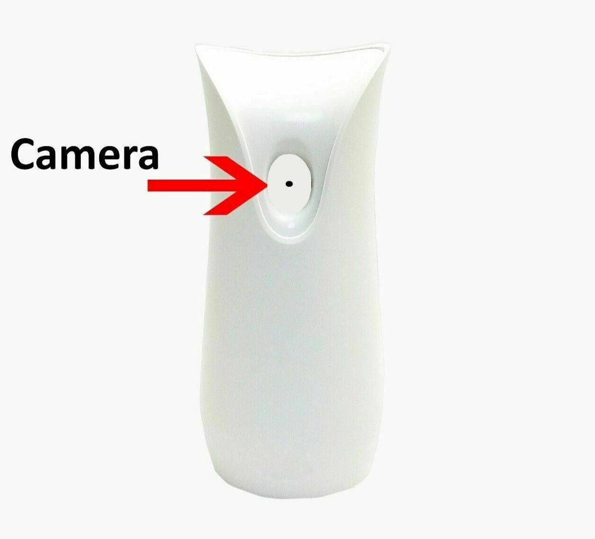 The White Decorative Display SpyCam, echoing James Bond gadgets, resembles an air freshener with a red arrow subtly pointing to its hidden camera lens.