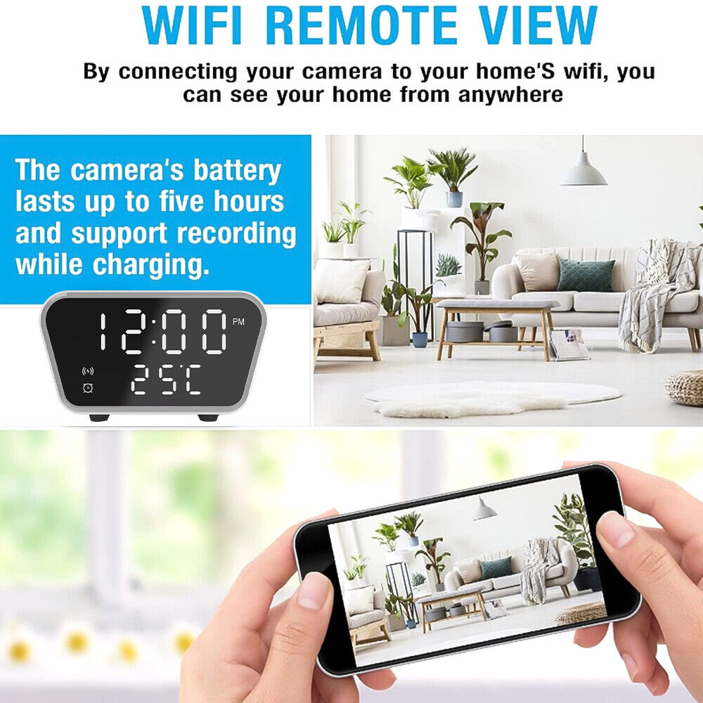 Wireless Clock Charger SpyCam embedded in a digital clock offers discreet monitoring and recording via home wifi, displayed on iPhone & Android smartphones.