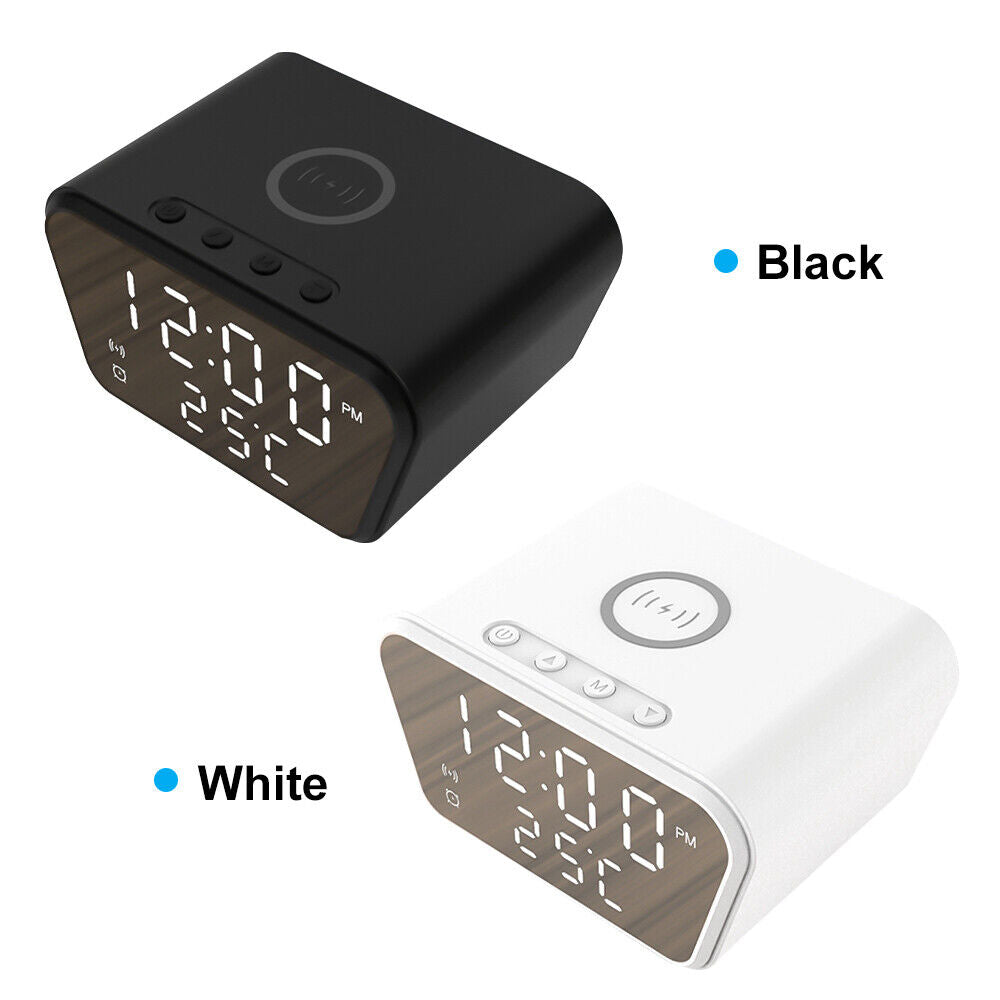 Two digital alarm clocks, one black and one white, display time (12:00 PM) and temperature (25°C) with icons. Both function as the Clock Charger SpyCam, ideal for discreet home surveillance.
