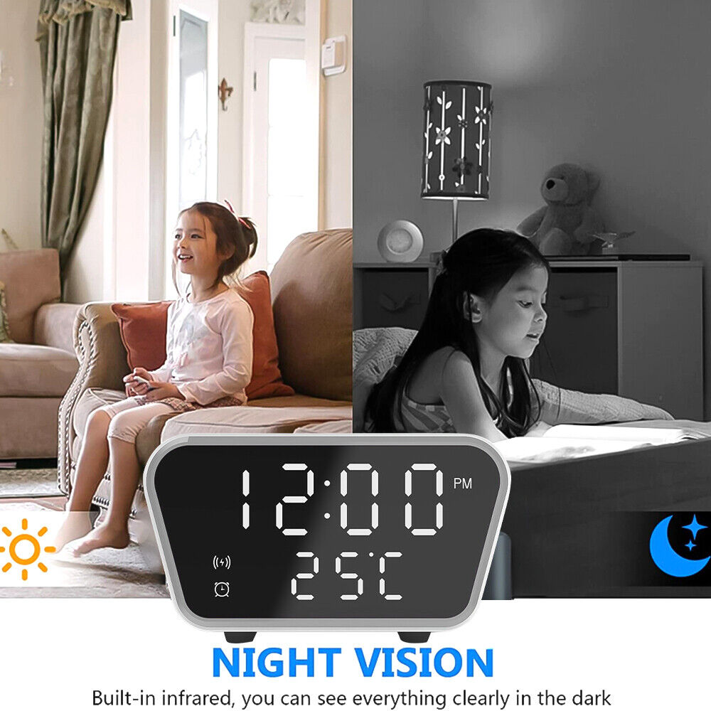 An advertisement demonstrating the discreet monitoring and night vision feature of a digital Clock Charger SpyCam, showing a child visible in both daylight and darkness.