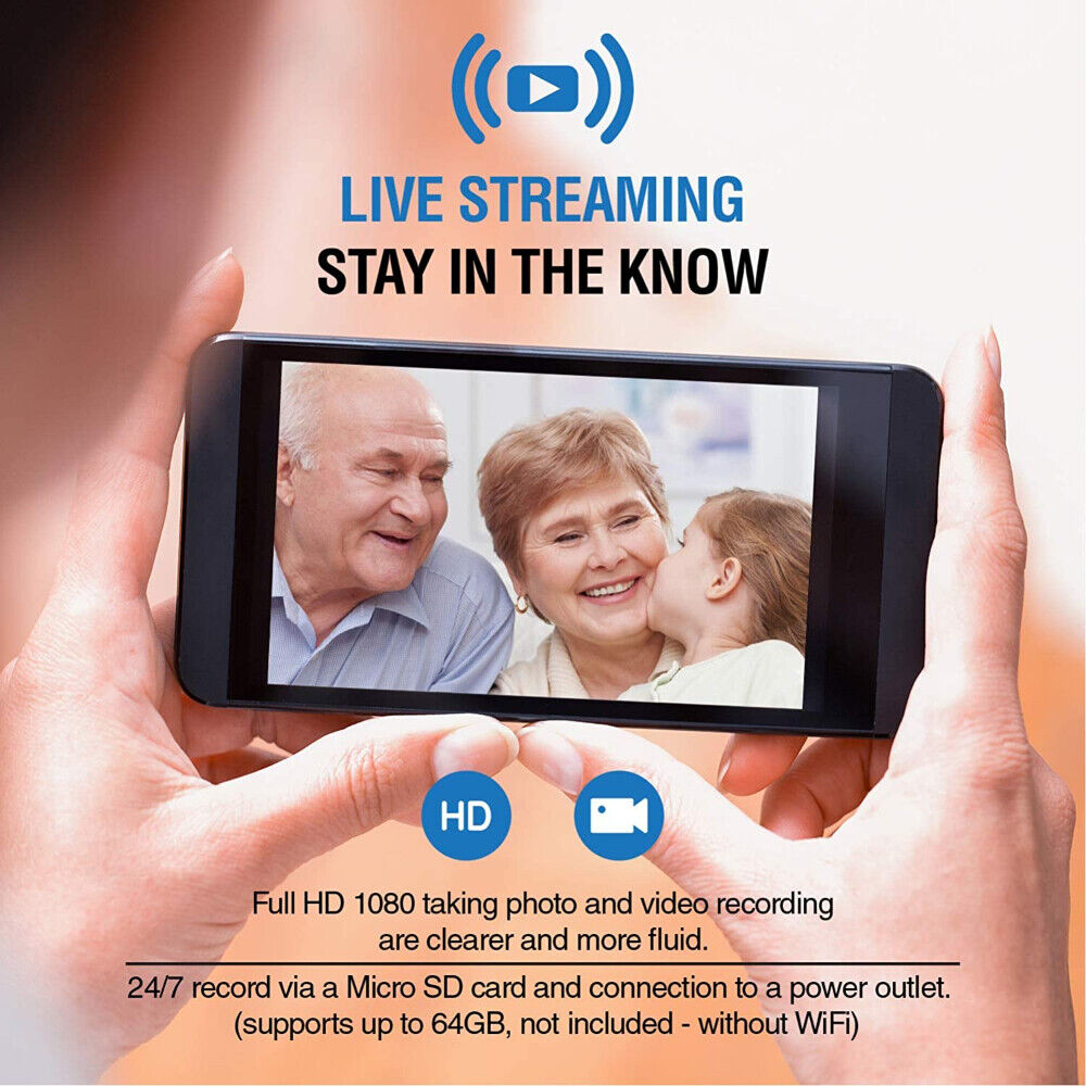 A smartphone shows a live video of two older adults and a child, emphasizing the Bird Clock SpyCam's live streaming, HD recording, night vision, and 24/7 monitoring features—perfect for discreetly watching over loved ones any time of day or night.