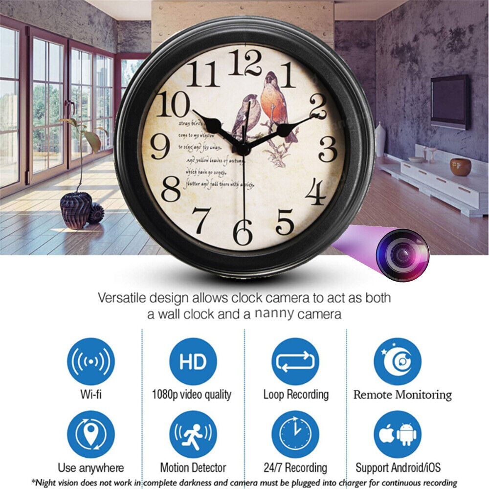 The Bird Clock SpyCam is a stylish wall clock with a bird motif that functions as a nanny cam, featuring 1080p video, Wi-Fi, night vision, motion detection, loop recording, and provides 24/7 remote monitoring on Android/iOS devices.