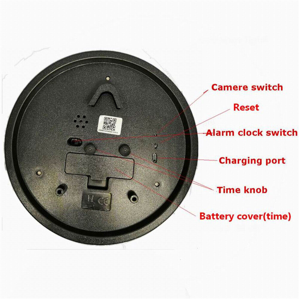 The image shows the rear of a circular device, likely a Bird Clock SpyCam, with labeled parts: camera switch, reset button, alarm switch, charging port, time knob, and battery cover. It may offer advanced features like motion detection for discreet surveillance.