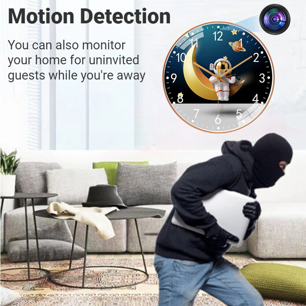A thief in a black mask steals a laptop under the watchful eye of the Astronaut Moon Clock SpyCam, which discreetly records the scene. Text: "Motion Detection: Monitor your home for uninvited guests.