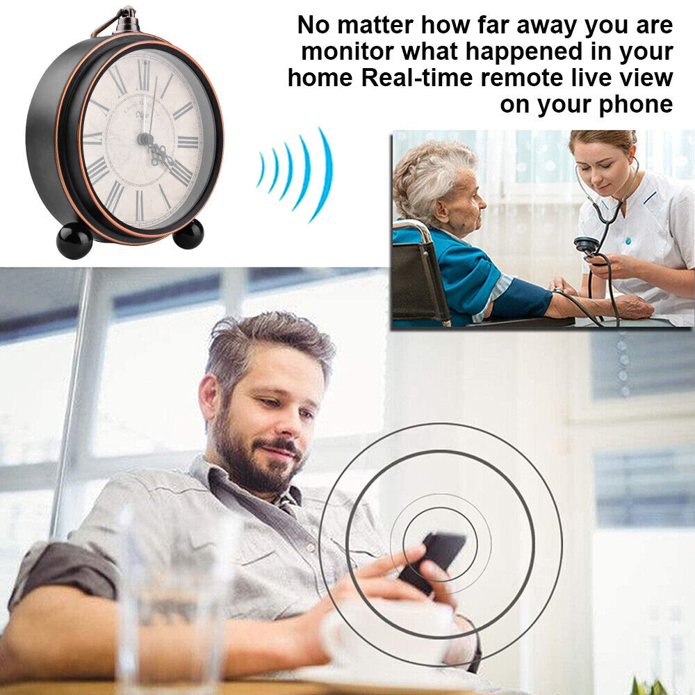 A man checks his Roman Numeral Clock SpyCam app on his phone, while a nurse measures a patient's blood pressure nearby, highlighting effortless remote home monitoring via phone.