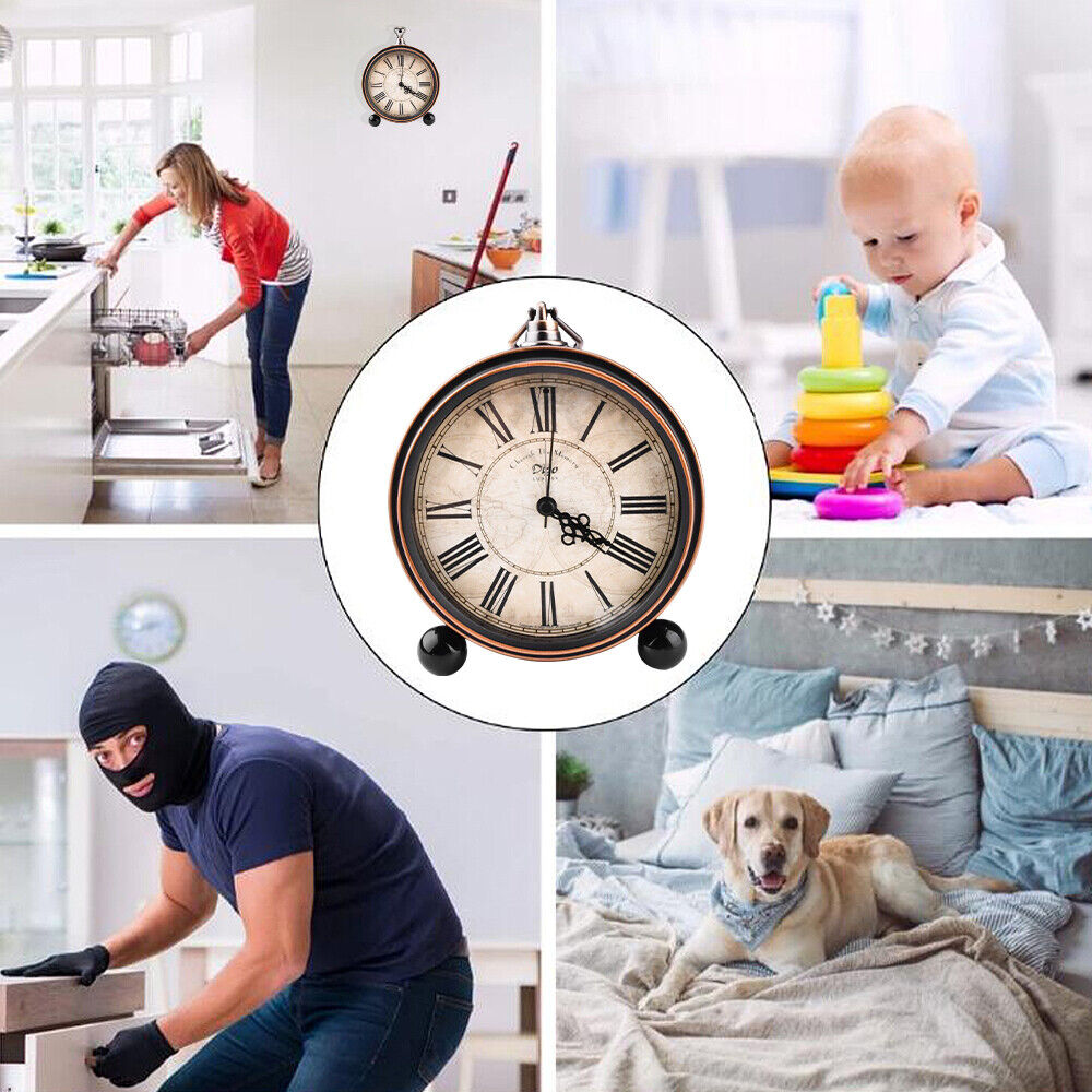 A four-part collage features a cozy kitchen, a giggling baby, a mysterious person in a balaclava, and an adorable dog on a bed. The centerpiece is the Roman Numeral Clock SpyCam, blending seamlessly into its surroundings.