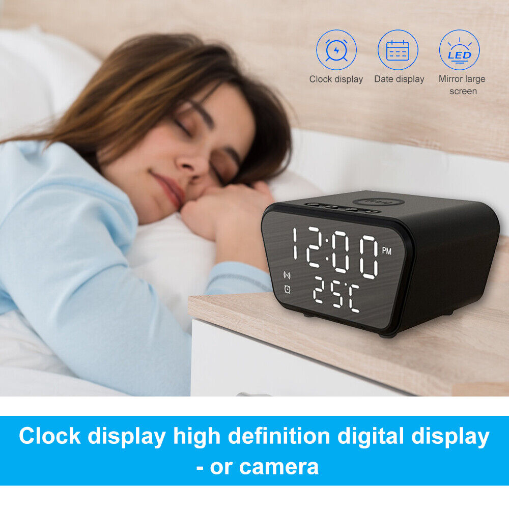 Woman sleeping next to a clock charger displaying time and temperature, designed for discreet monitoring with iPhone & Android support.