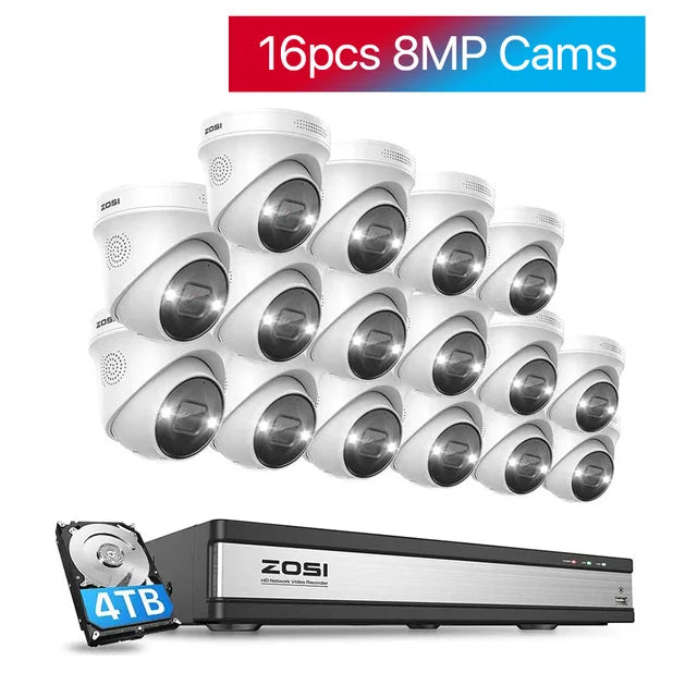 A video surveillance system with 16 CCTV cameras and a DVR for outdoor security.