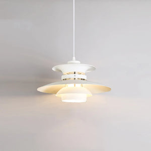 A white pendant light made of natural wood, hanging from the ceiling.