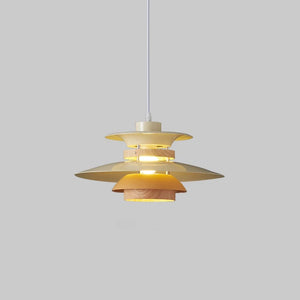 A Scandinavian pendant light with a natural wood shade.