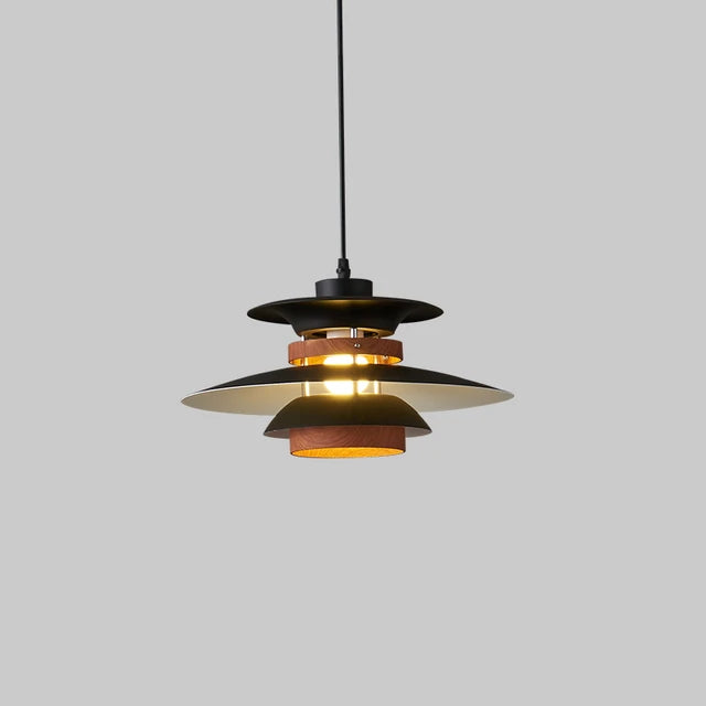 A Scandinavian pendant light with a natural wood shade.