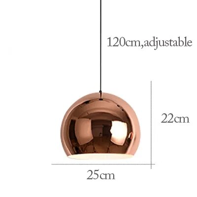 Explore the Nordic Rose Gold Pendant Light, a modern design icon with a copper-toned dome. It boasts an adjustable cord of 120 cm, and its dimensions are 22 cm in height and 25 cm in width.