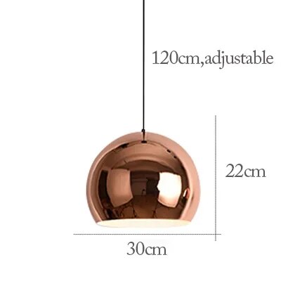 The Nordic Rose Gold Pendant Light offers sophisticated lighting with a modern copper-toned round design, a 30cm diameter, 22cm height, and an adjustable cord length of 120cm.
