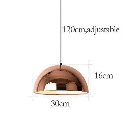 Enhance your room with the Nordic Rose Gold Pendant Light, featuring a modern copper-colored dome. It measures 30cm in diameter, 16cm high, and hangs from an adjustable 120cm cord, offering sophisticated lighting for any room.