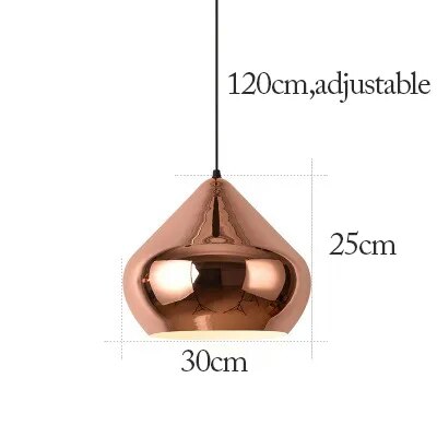 The Nordic Rose Gold Pendant Light, with a modern and elegant design, features an adjustable cord. It measures 30cm in diameter, 25cm in height, and has a total length of 120cm.
