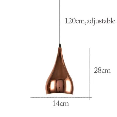 The Nordic Rose Gold Pendant Light in copper has a sleek teardrop shape, measures 14cm wide by 28cm tall, and includes an adjustable cord up to 120cm, adding modern sophistication to any space.