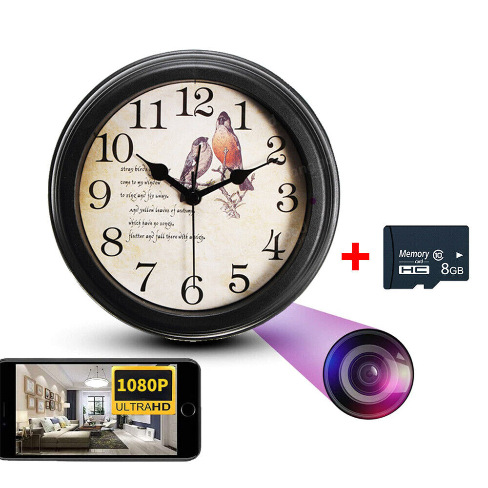 The Bird Clock SpyCam features bird illustrations and a hidden camera with motion detection and night vision. It comes with an 8GB memory card, showcasing discreet surveillance by displaying a smartphone image of a room.