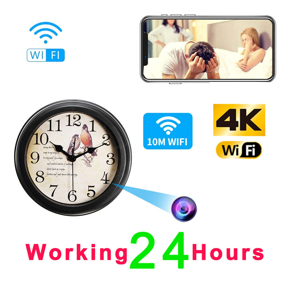 The Bird Clock SpyCam is an analog wall clock with a hidden camera, capable of 4K Wi-Fi streaming and night vision. It discreetly displays "Working 24 Hours" and an illustration of a distressed couple on your smartphone for surveillance.
