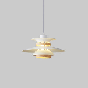 A Scandinavian-inspired pendant light with a natural wood shade.
