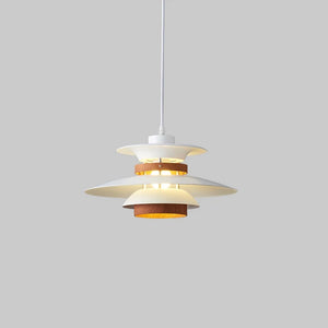 A Scandinavian pendant light with a natural wood shade.