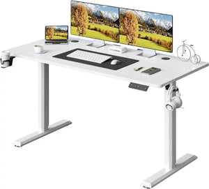 A motorized ergonomic adjustable desk, with height changes, featuring a white standing desk with two monitors and a keyboard.