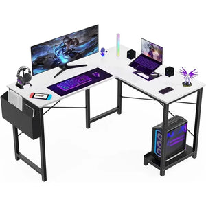 Modern white L-Shaped Gaming Desk with Easy Organization Features such as CPU tray, side bag, etc.