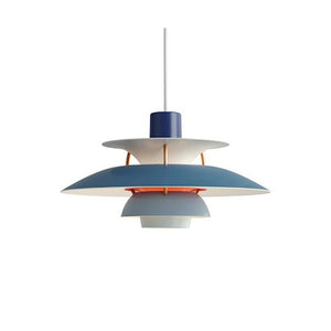 A Danish Layered Pendant Light in blue and white, adding style and function as it hangs on a white background.