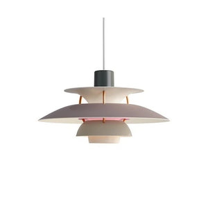 A stylish pendant light with a grey and pink shade.