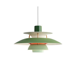 A stylish green and white pendant light that functions as a decorative lighting fixture.