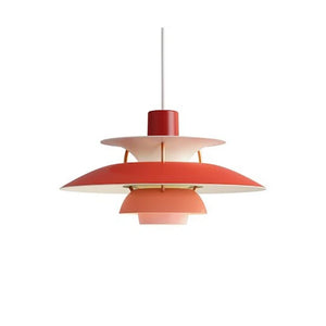 A Danish pendant light showcasing a red and white layered style, hanging gracefully on a pristine white background.