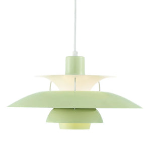 A stylish green and white pendant light that functions as a decorative lighting fixture.