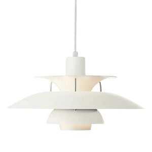 A layered pendant light with a white shade, combining style and function.