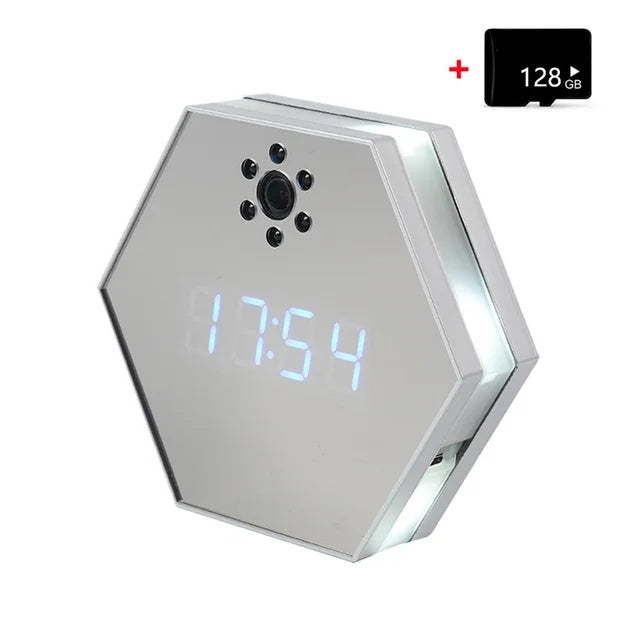 Sleek Clock SpyCam features a built-in camera, 4K HD resolution, LED display showing 17:54, and comes with a 128GB microSD card.